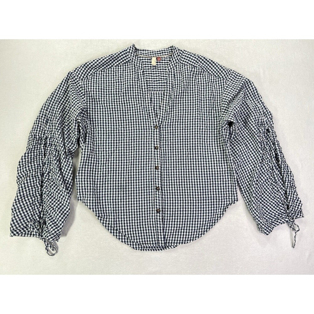 Anthropologie Pilcro Ruched-Sleeve Poplin Blouse Blue Gingham Womens Medium